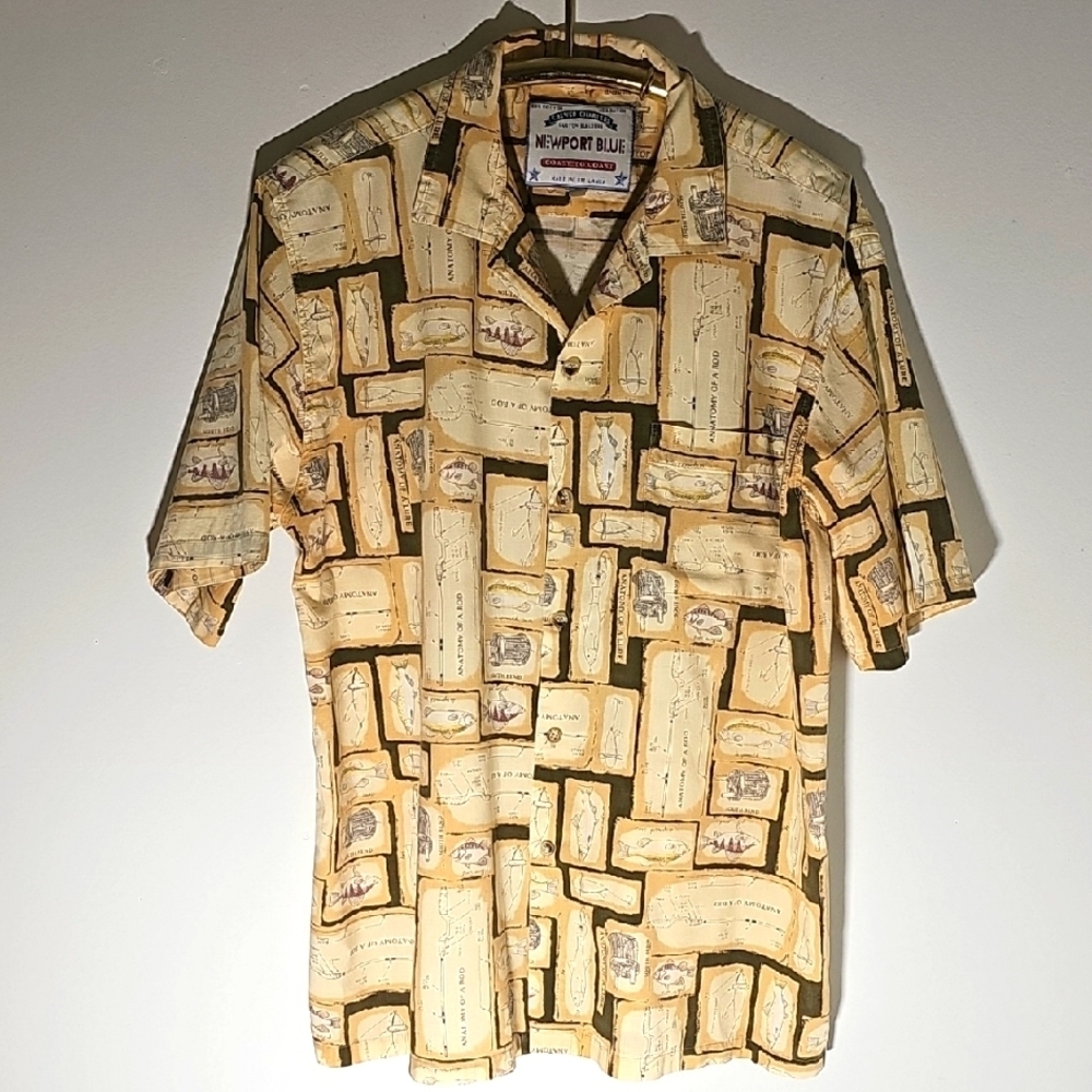 Newport Blue Vintage Men's Tan‎ Fishing Patterned Shirt. Size Large.